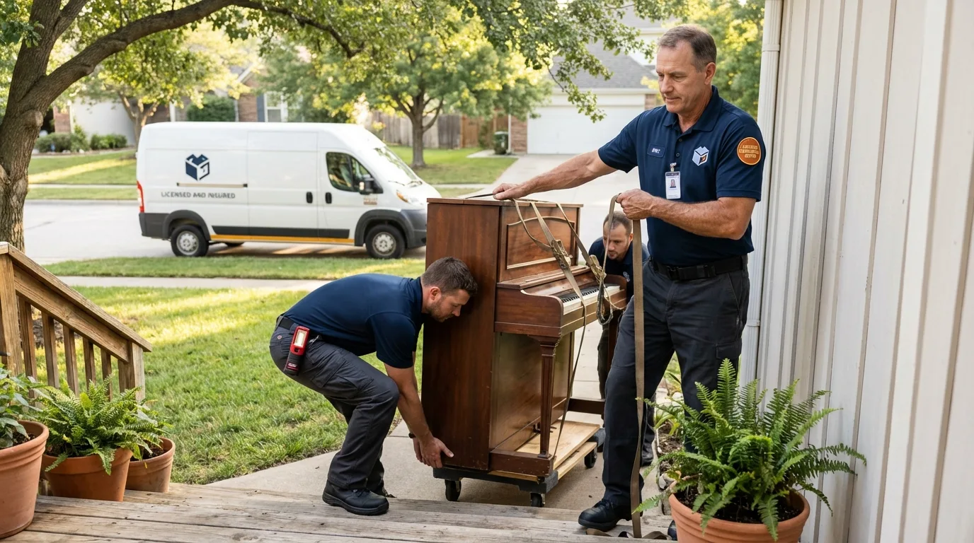 Licensed piano movers securing grand piano in Locust Grove, OK