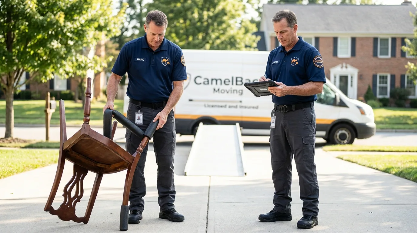 Movers inspecting furniture for damage prevention before loading in Locust Grove, OK