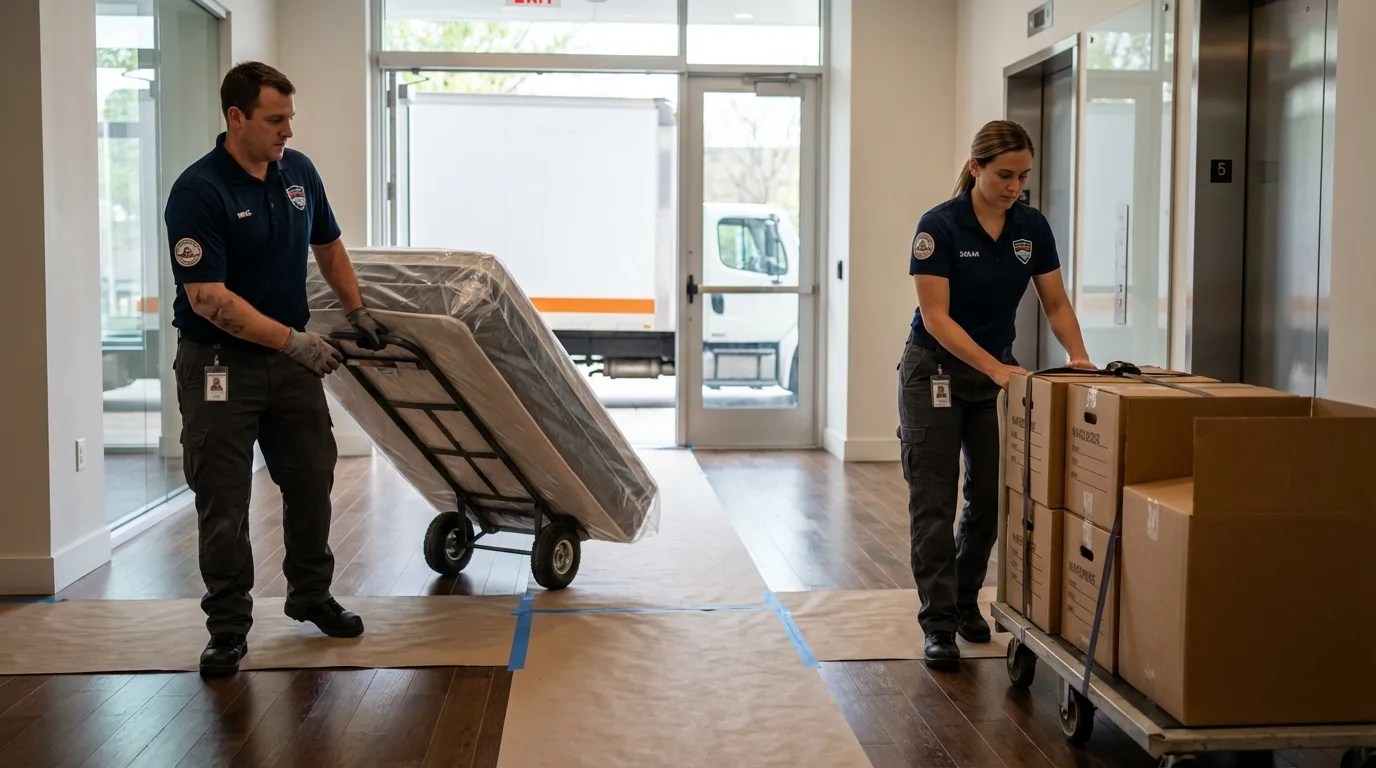 Professional apartment movers loading elevator in Locust Grove, OK