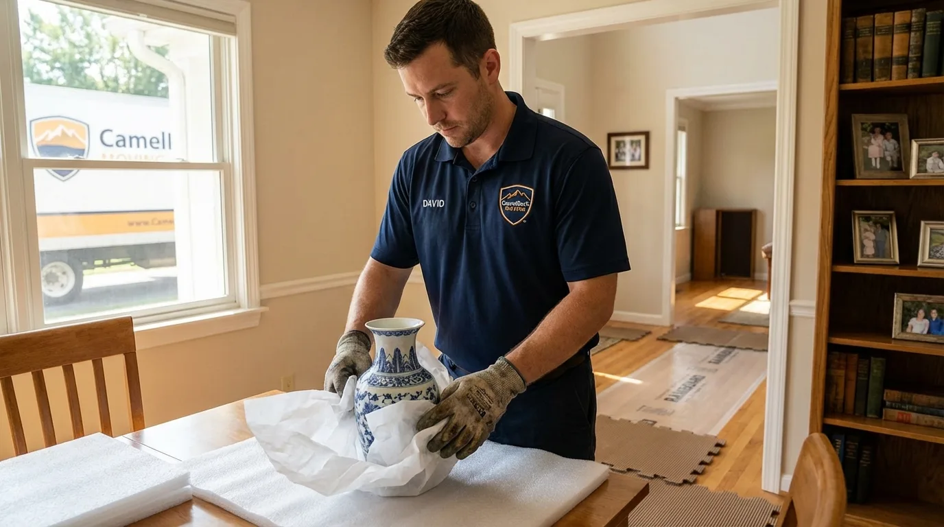 Professional crew carefully wrapping antique vase for senior downsizing move in Locust Grove, OK